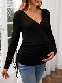 SHEIN Maternity Solid V-Neck Black Crop Tie Side Long Sleeve T-Shirt