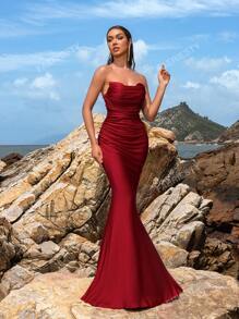 Faeriesty Faeriesty Elegant Strapless Sweetheart Neckline Pleated Bust Mermaid Train Evening Dress – Spring Summer Formal Gown For Galas, Weddings, Red Carpet Events, Evening Parties
