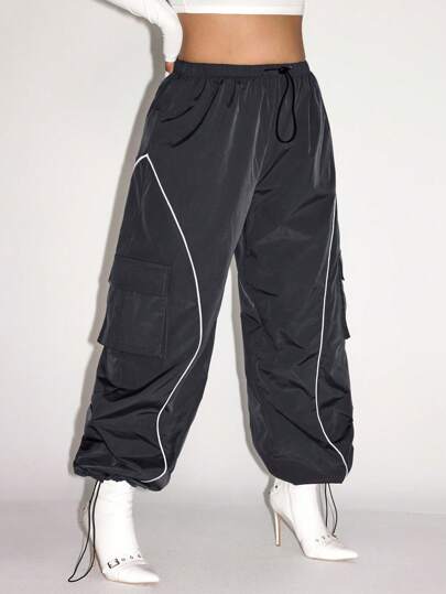 SHEIN ICON Pantalones anchos estilo Y2k de talla grande para mujer, pantalones anchos de mujer con bloqueo de color, reflectantes y con cordón para usar de forma casual