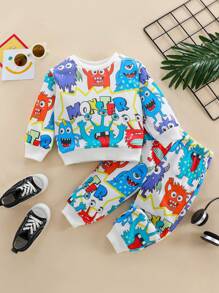 Baby Boy Autumn And Winter Warm Graffiti Casual Fashion Street Style Little Monster Cartoon Print Two-Piece Suit - Multicolor - View 1