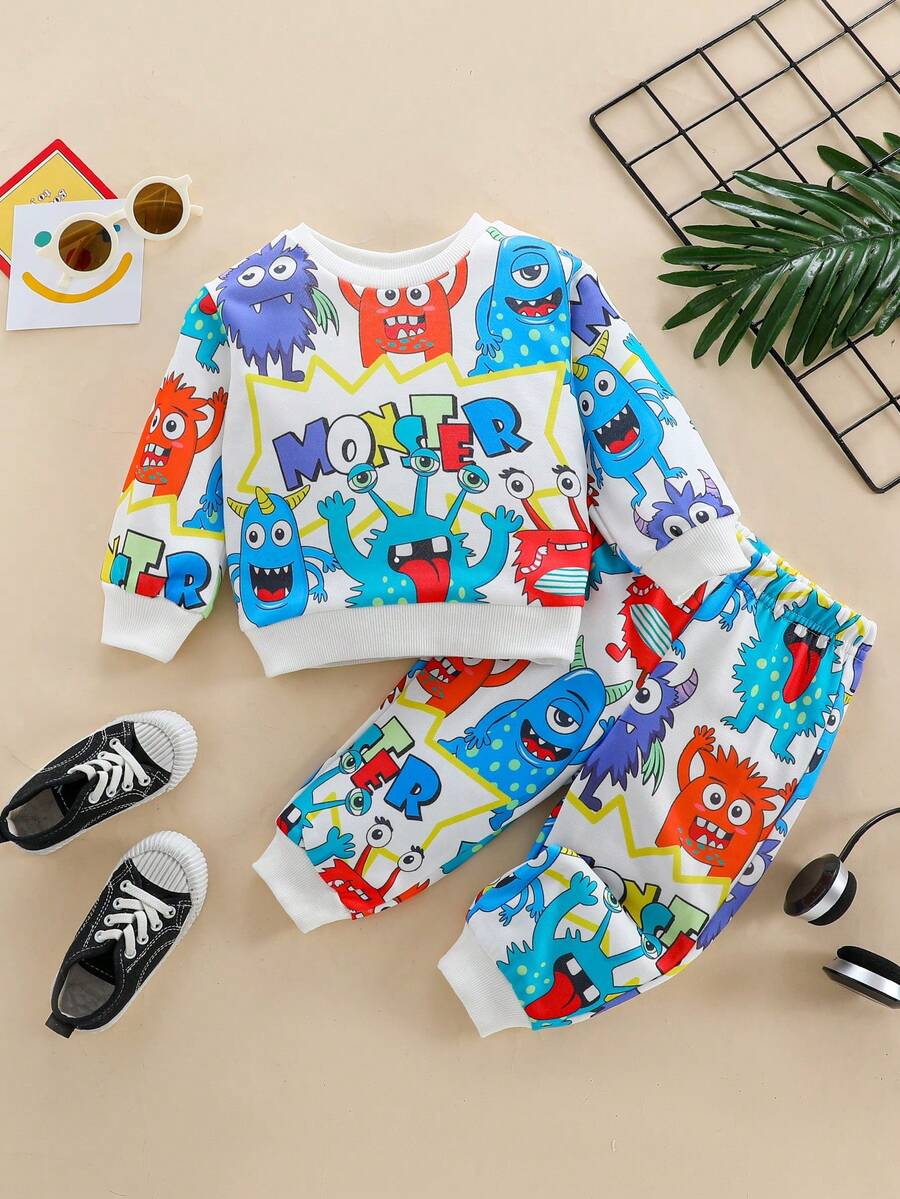 Baby Boy Autumn And Winter Warm Graffiti Casual Fashion Street Style Little Monster Cartoon Print Two-Piece Suit - Multicolor - View 1