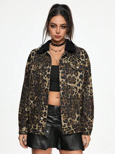Grunge Punk Contrast Color Fur Collar Leopard Print Washed Denim Jacket For Women