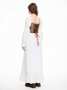 ROMWE Fairycore 女士古典浪漫提花拼色收腰 A 字长袖连衣裙 - 白色 - 查看 5