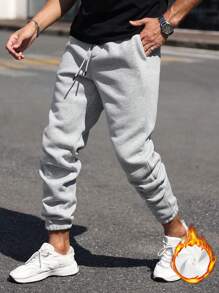 Manfinity Homme Men's Drawstring Pockets Simple And Versatile Solid Gray Thermal Lined Thickened Cuffed Sports Sweatpants,Fall Men Clothes - Grey - View 5