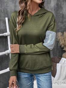 SHEIN LUNE Casual Contrast Color Pocket Hoodie, Spring & Autumn Pullover Fall Sweatshirt - Green - View 3
