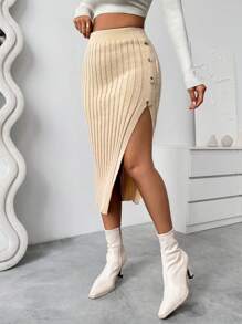 Chiquease 1pc Casual Button-Side Split Hem Knit Knitted Skirt,Spring/Autumn - Khaki - View 6