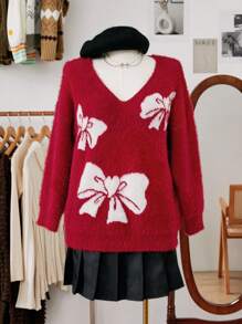 Flirla Áo len dài tay phối màu dành cho nữ cỡ lớn, trang trí nơ, thích hợp cho mùa thu đông. - Đỏ - Xem 4