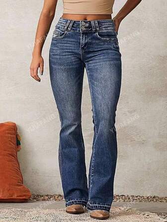 Women's Front Button Multi-Pocket Denim Flared Pants For Daily Casual Wear