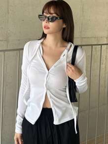 DAZY 女士纯色立领修身长袖T恤，秋季服装 - 白色 - 查看 4