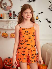 SHEIN Tween Girl Halloween Theme Graphic Print Camisole + Shorts Knit Comfortable Casual Pajama Sets, 2pcs, Mommy And Me Matching Outfits (3 Sets Sold Separately)