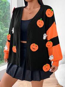 Flirla Cardigan Casual Aberto com Blocos de Cor Texturizada de Abóbora e Fantasma, para Outono e Halloween, em Plus Size