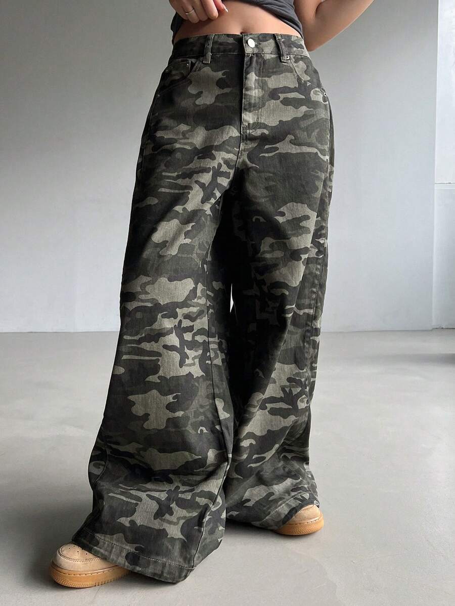 DAZY Quần jean ống đứng đơn giản họa tiết ngụy trang dành cho nữ - Màu xanh lam - Xem 1