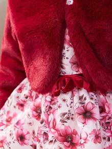 Baby Girl Winter Elegant Lady Red Imitation Rabbit Fur Warm Coat Full Of Flowers Bow Belt High-End Dress Skirt