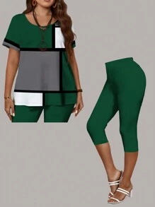 EMERY ROSE 2pcs/Set Plus Size Casual Geometric Pattern Round Neck Short Sleeve Tight Fitting 3/4 Pants, Suitable For Summer - Multicolor - View 3