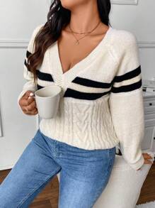 SHEIN Frenchy 大码条纹开学季休闲纹理钩针女式套头毛衣 - 彩色 - 查看 3
