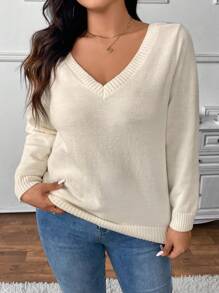 SHEIN Frenchy Plus Size Elegant V-Neck Lace Patchwork Fitted Sweater, For Winter - White - View 4