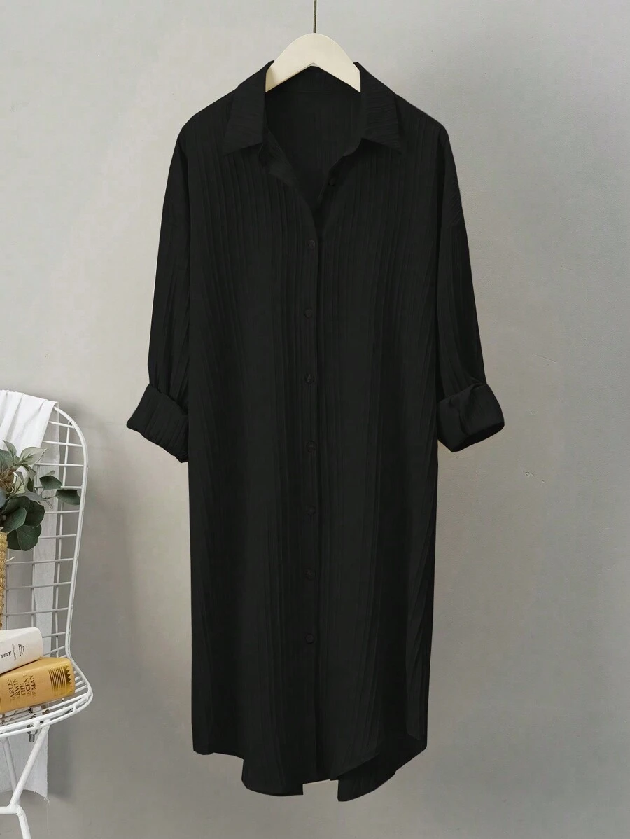 Omancia SHEIN LUNE Pleated Long Button Down Oversized Women Black Shirts,Teacher Shirts Fall Cloth For Women - Black - View 1