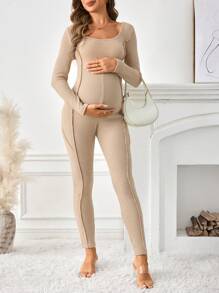 SHEIN Maternity Solid Scoop Neck Ribbed Knit Unitard Jumpsuit Khaki - Khaki - View 3