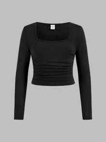 SHEIN Girlism Tween Girls' Casual Simple Comfortable Solid Square Neck Ruched Waist Multi-Packs T-Shirts - Multicolor - View 7