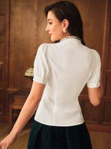 Vintamour Plus Size Women Vintage Elegant Shirt Lace Trim Puff Sleeves Bowknot Neck Summer - White - View 6