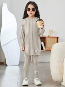 SHEIN 年輕女孩二件式下擺連帽衫和緊身褲套裝 - 杏色 - 查看 4