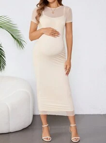 SHEIN 孕妇圆领紧身中长连衣裙 - 杏色 - 查看 4