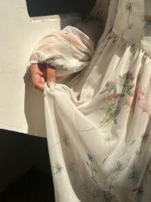 Easura 加大码花卉褶皱前扣长裙，休闲度假长款女装秋季服装 - 杏色 - 查看 5