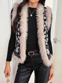 EMERY ROSE Women's Autumn/Winter Clothes Fashion Plush Patchwork Floral Embroidery Vest Padded Padded Coat - Black - View 6