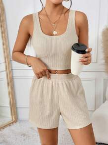 SHEIN Frenchy موحدة اللون لباس علوي تانك قصير & بنطلون قصير - لون مشمشي - مشاهدة 3