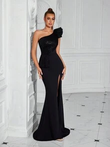 ADYCE Vestido de festa com babados de um ombro e fenda frontal com brilho, vestido de baile formal preto elegante para noite, para convidados de casamento, formatura, jantar
