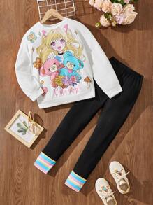SHEIN 2 chiếc Tween Girls' Cổ Tròn Anime Dễ Thương Cô Gái & Gấu Bông In Áo & Quần Legging - Nhiều màu - Xem 5