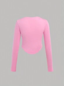 SHEIN 4 peças/conjunto adolescente menina decote em v bainha curva manga longa casual versátil camada de base camisetas de malha