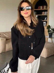 TRAFZA Women's Retro Solid Color Long Sleeve Jacket With Pockets And Buttons, Casual Autumn Bomber Jacket - màu đen - Xem 2