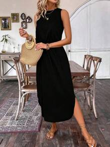 SHEIN LUNE Women's Vacation Casual Solid Color Hem Flared Dress - Black - View 6