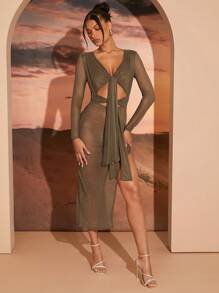 Hauture Váy dài tay kim loại buộc phía trước - Màu Xám nhạt - Xem 6
