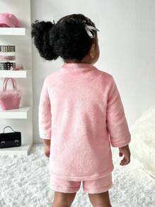 3 件套幼儿女孩舒适羊毛套装 - 夹克、背心和短裤，秋冬季 - 粉色 - 查看 2