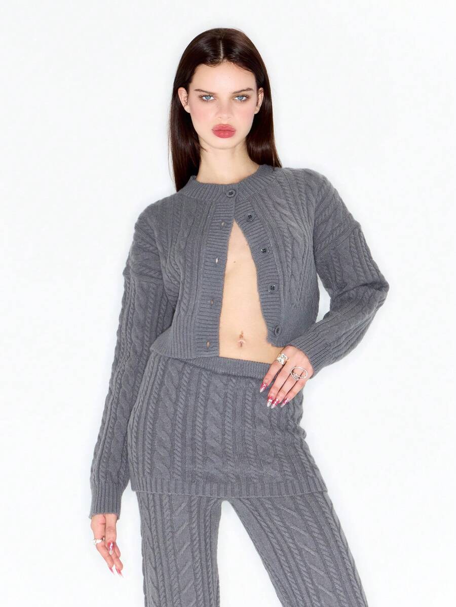 MUSERA Y2K Cable Knit Cropped Long Sleeve Cardigan - Grey - View 1