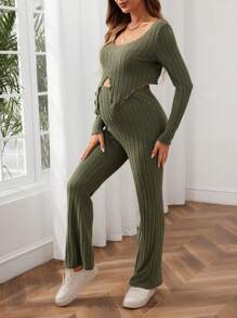 SHEIN Maternity Solid Ribbed Knit Two Pieces Outfit Set, Autumn Winter - Army Green - View 6
