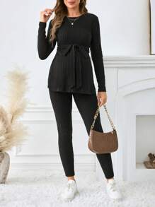 SHEIN Conjunto de jersey de punto acanalado de manga larga y unicolor para mujeres embarazadas