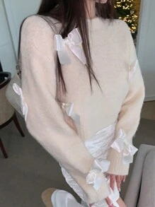 DAZY 女式蝴蝶结休闲短款毛衣秋季 - 米色 - 查看 11