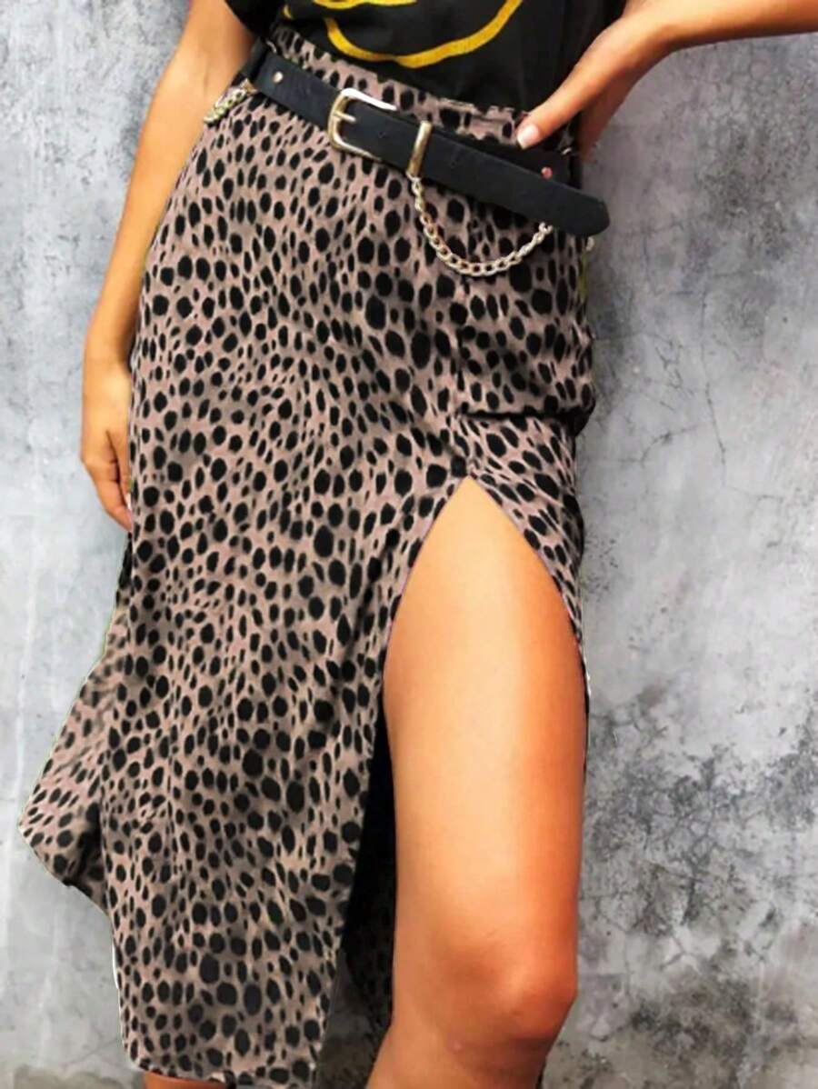 INAWLY Falda elegante línea A con estampado todo sobre, lazos en la cintura y talla grande - Caqui - Ver 1