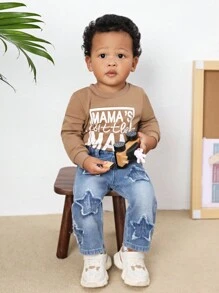 SHEIN Baby Boy Casual Stonewashed Cute Star Patchwork Straight Legs Blue Denim Jeans,For Fall And Winter Outdoor Wear - Light Wash - View 6