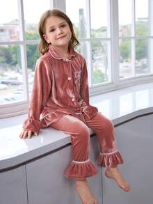 2 piezas/set Ropa casual de estar en casa para niñas pequeñas con Top de terciopelo bordada con volantes y moño y pantalones - Rosa vieja - Ver 2