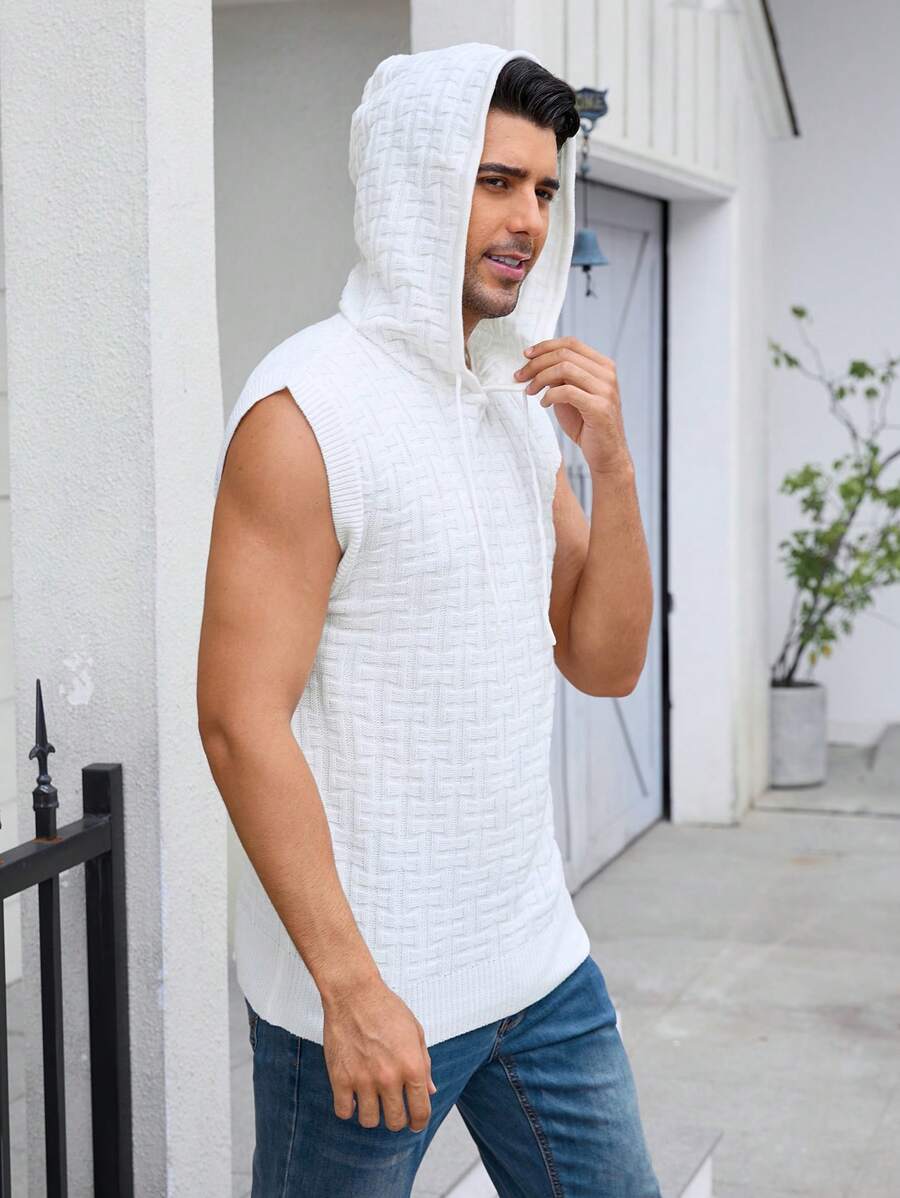 Manfinity Homme 男士纯色无袖抽绳夏季连帽背心 - 白色 - 查看 1