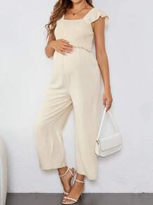 SHEIN Maternity Collared Ruffled Sleeve Long Fit Nursing Jumpsuit