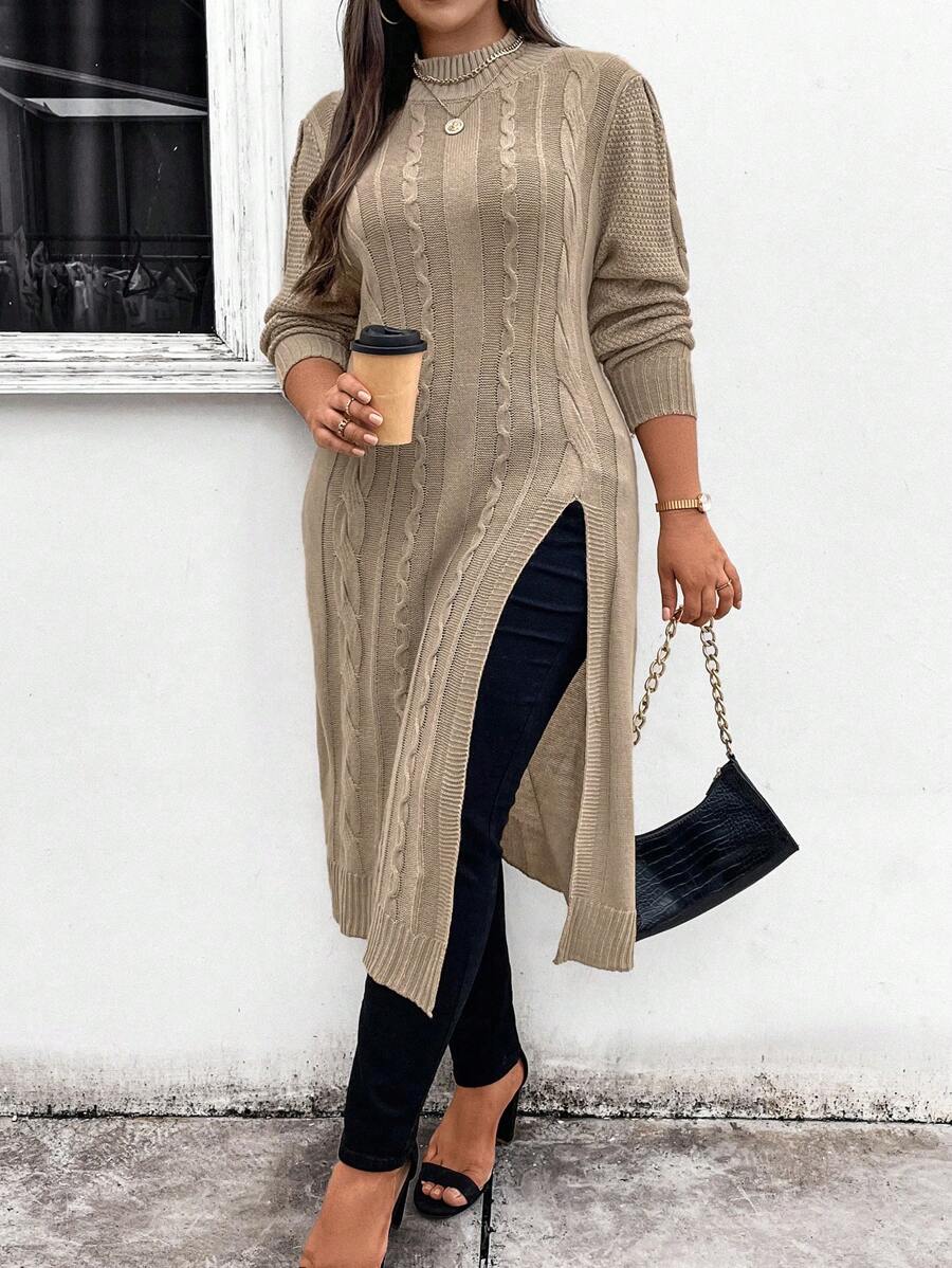 EMERY ROSE pull décontracté pour femme grandes tailles, col montant, manches longues, fendu à l'ourlet, coloris unicolore, pour l'hiver - Kaki - Voir 1