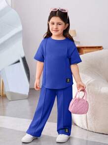 SHEIN 2 件套年轻女孩宽松休闲圆领针织短袖 T 恤和阔腿裤套装