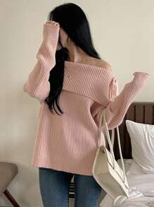 DAZY Suéter holgado de mujer con hombros descubiertos y manga larga, para otoño/invierno - Rosa - Ver 6