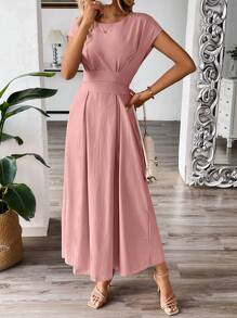 Chiquease 女士純色短袖圓領夏季連衣裙 - 藕粉色 - 查看 1