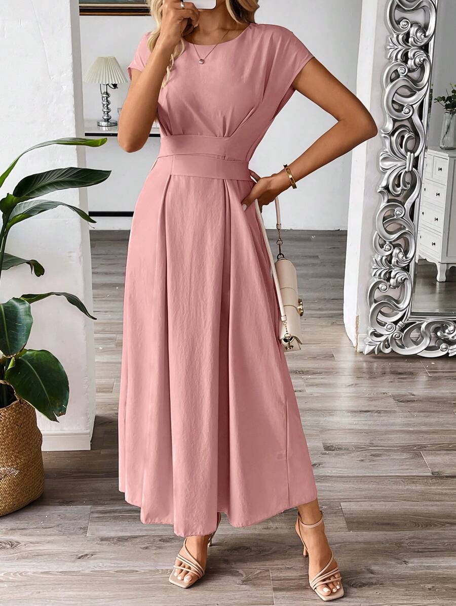 Chiquease 女士純色短袖圓領夏季連衣裙 - 藕粉色 - 查看 1